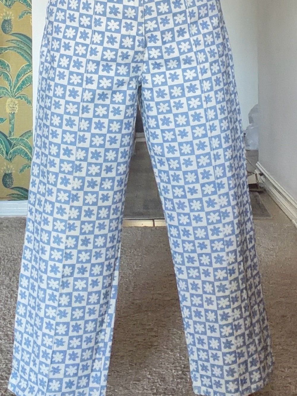 Lisa Says Gah Blue and White Checked Floral Wide-Leg Pants - Picture 4 of 5